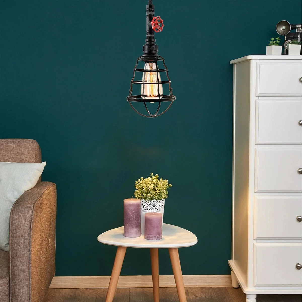 Black vintage industrial pendant lamp with wavy metal cage and adjustable cord, suitable for E27 bulbs, indoor use