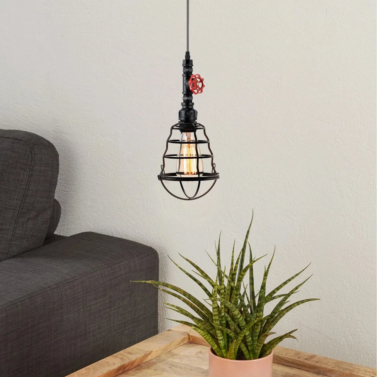 Black metal pendant light with wavy cage design and adjustable cord, vintage industrial style lamp holder fitting