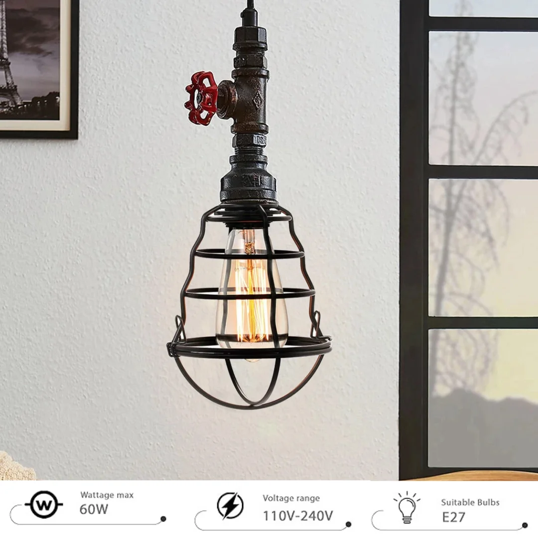 Black vintage pipe pendant lamp with wavy metal cage and adjustable cord pendant, suitable for E27 bulbs, indoor use