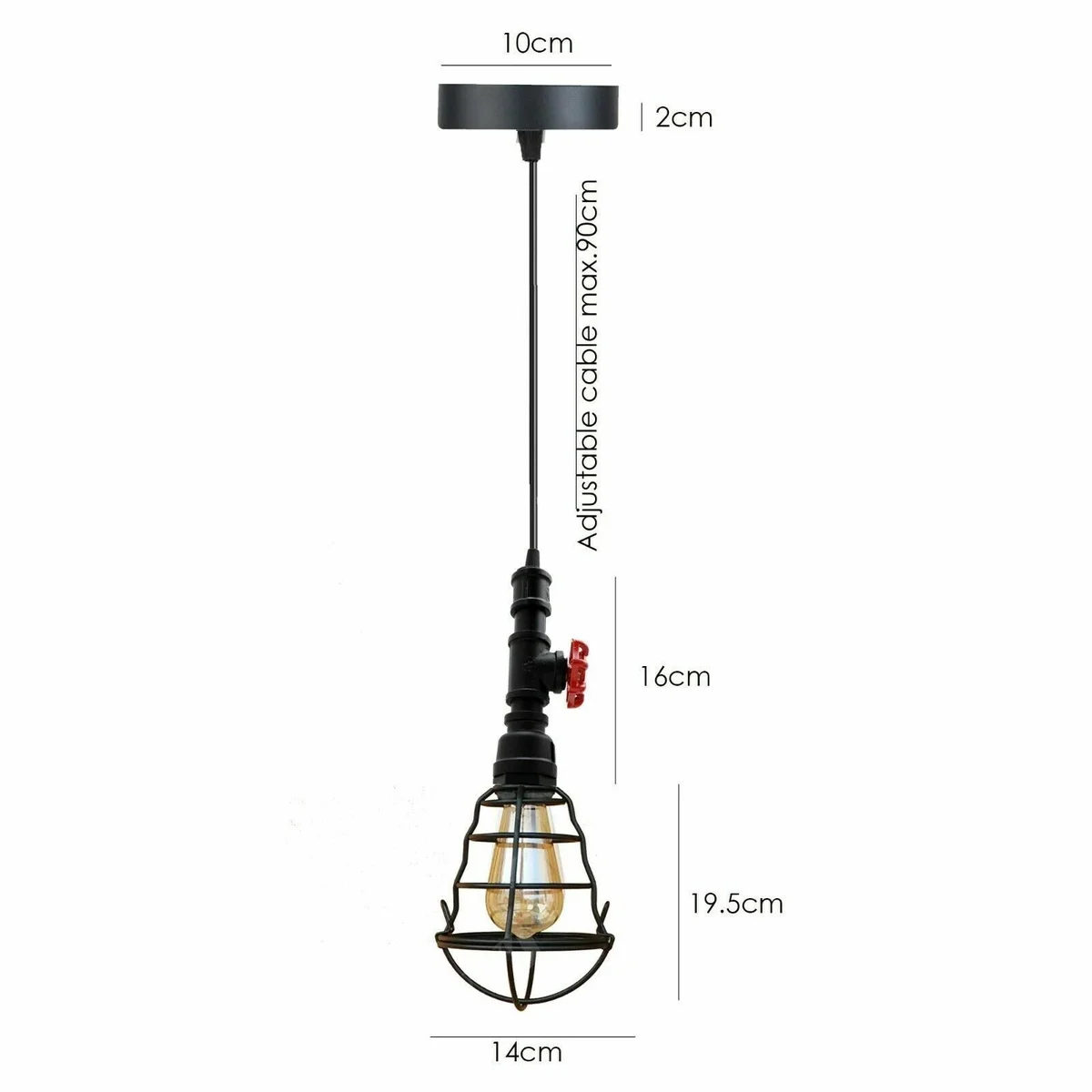 Black vintage pipe pendant lamp holder with wavy cage design and adjustable cord, E27 bulb pendant light fitting