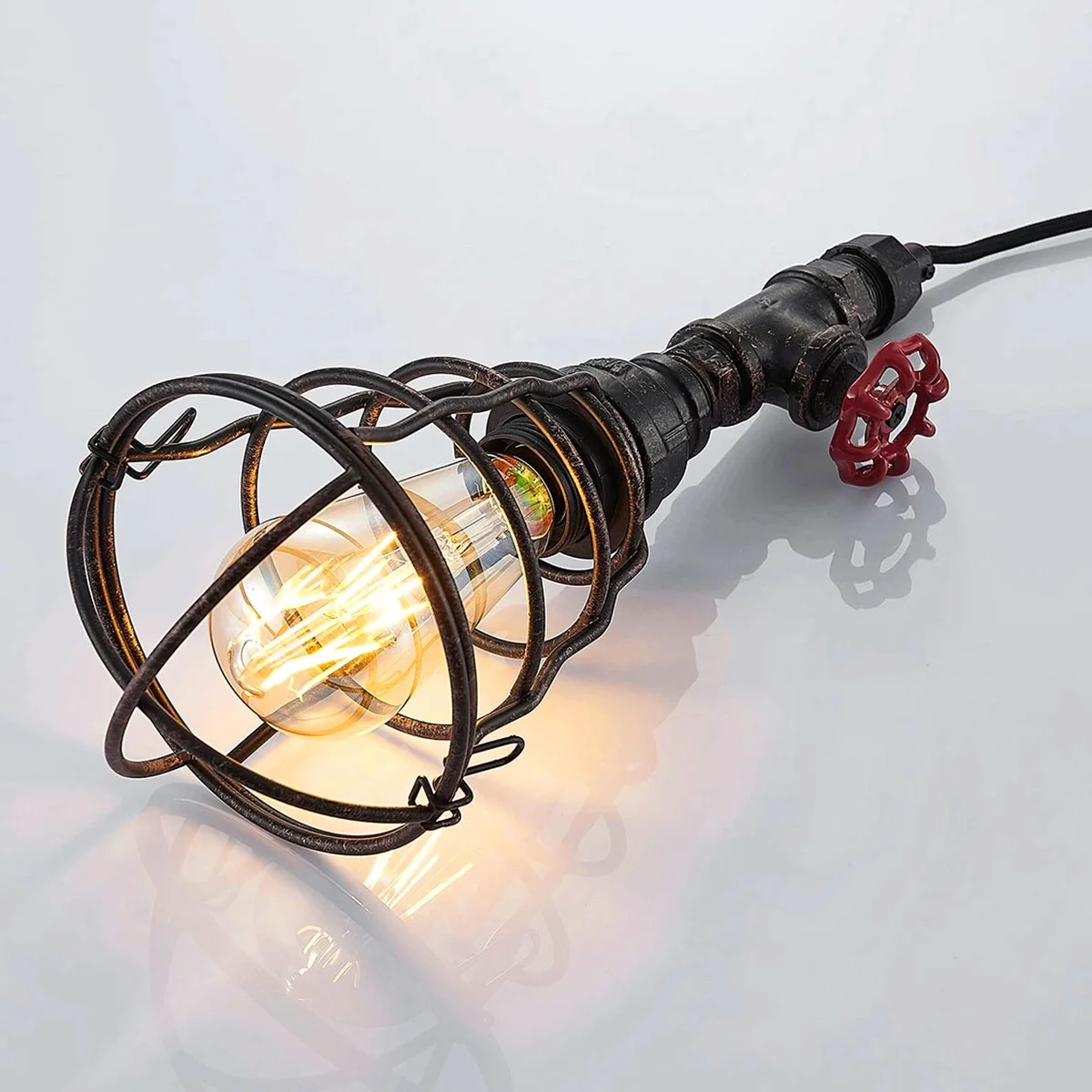 Black vintage pipe pendant light with wavy metal cage and adjustable cord, suitable for E27 bulbs, indoor use