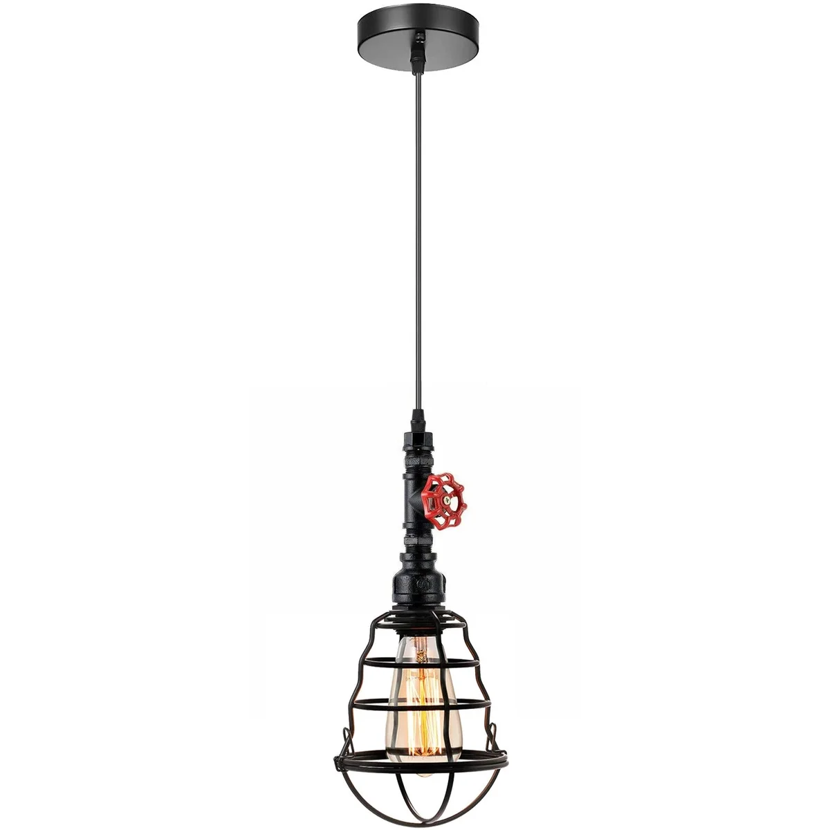 Black vintage pipe pendant light with wavy metal cage and adjustable cord, industrial style fitting for indoor use