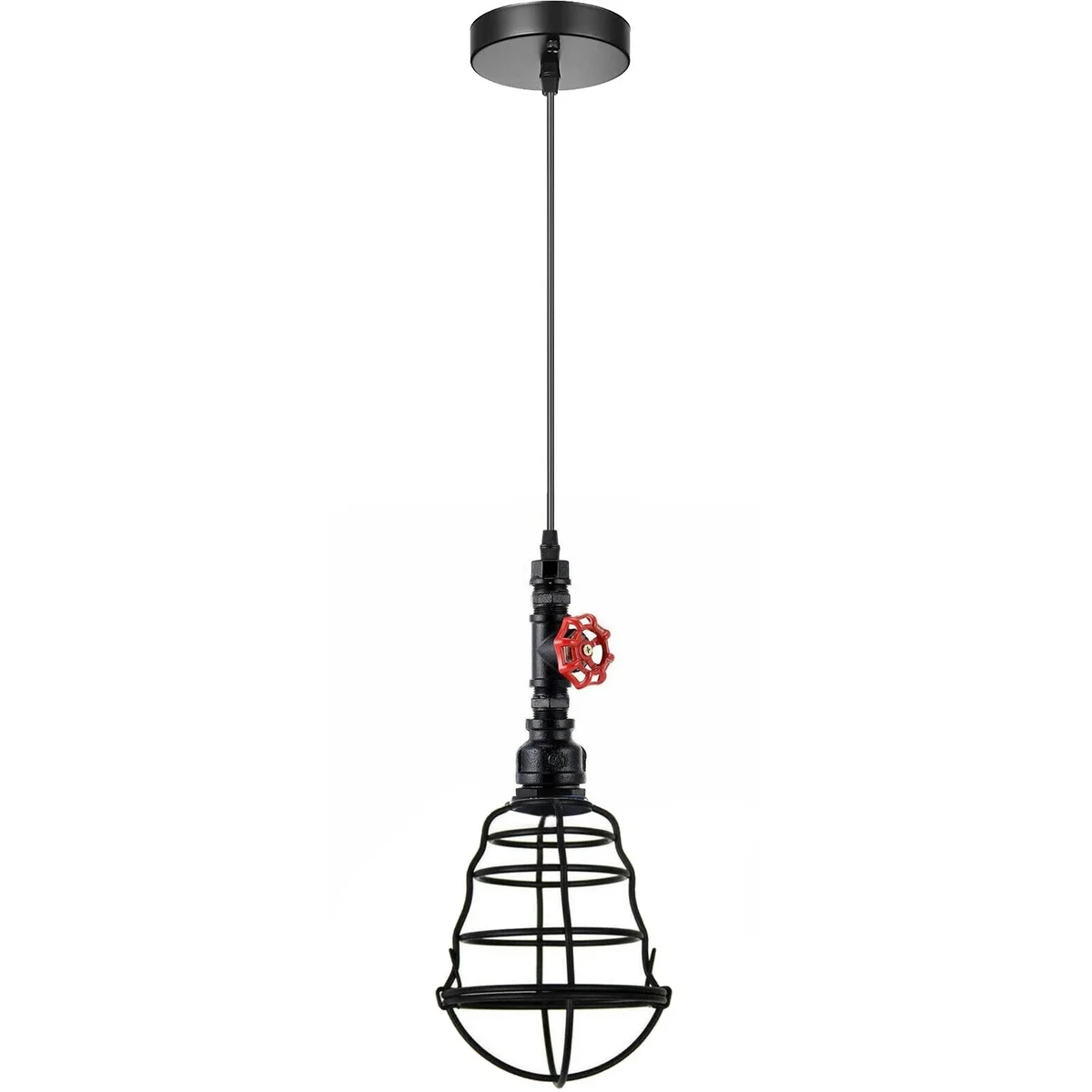 Black vintage pipe pendant light with wavy metal cage and adjustable cord, suitable for E27 bulbs, indoor use