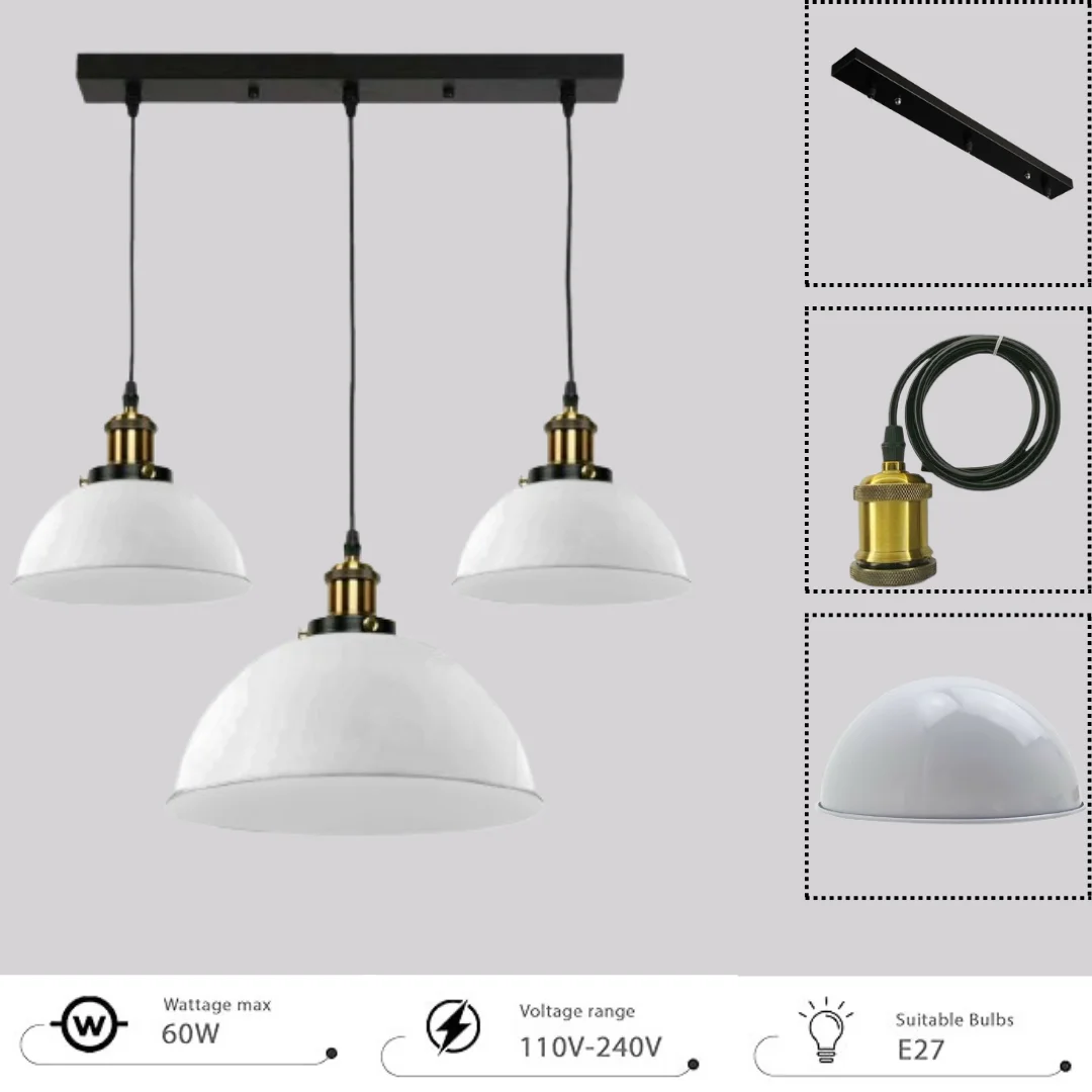 White dome-shaped 3 head pendant light fixture with metal shades, suitable for living rooms and bedrooms