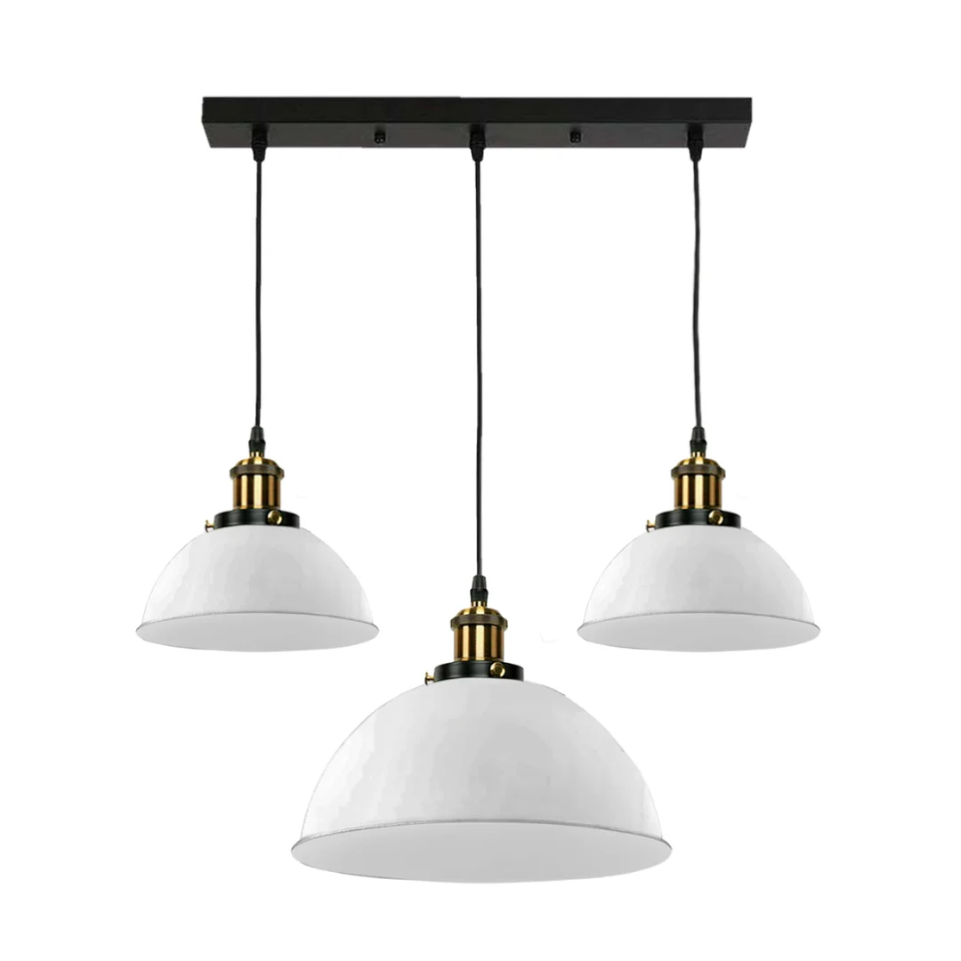 Modern dome-shaped metal ceiling light with three white pendant shades and E27 bulb holders hanging from ceiling rose