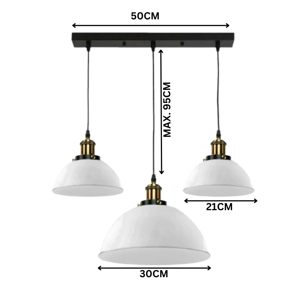 White dome-shaped modern 3 head contemporary pendant lamp with metal shades hanging from ceiling fixture