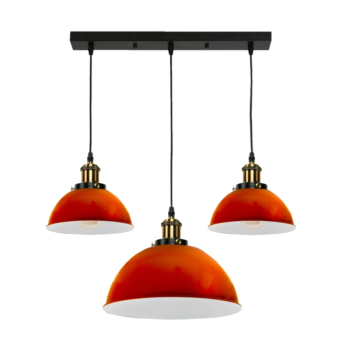 White modern pendant light with three dome-shaped metal shades hanging from ceiling, ideal for living rooms and studies