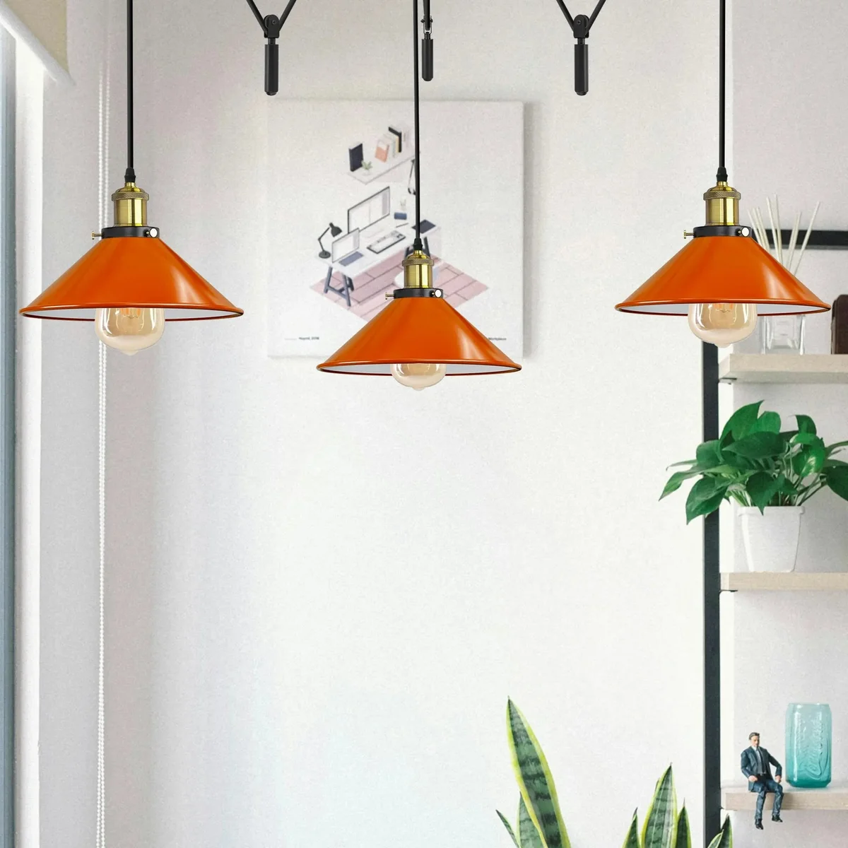 Vintage hanging lights with three orange metal pendant lamps, ceiling mounted with E26 bulb sockets, dimmable design