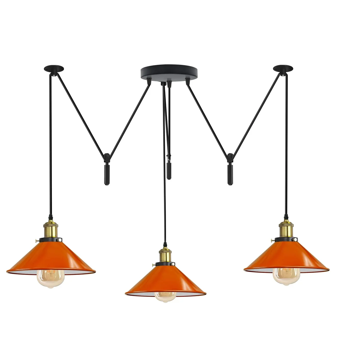 Orange vintage style pendant ceiling light with three metal shades and E26 bulb sockets hanging from ceiling