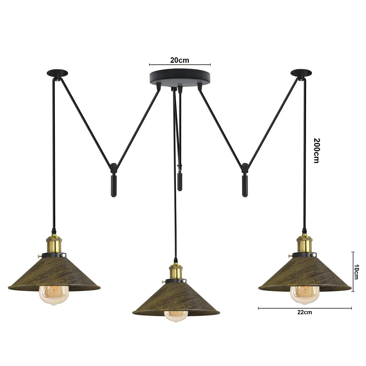 Orange vintage style 3-light ceiling pendant with metal frame, compatible with E26 bulb pendant, dimmable design