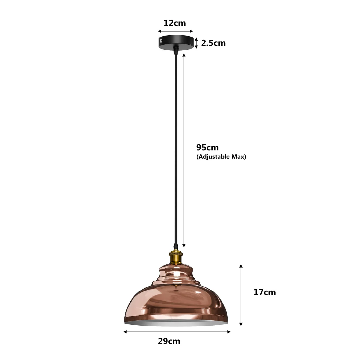 Adjustable pendant light with metal dome shade and 95cm cable, ideal for living rooms and dining areas, warm glow