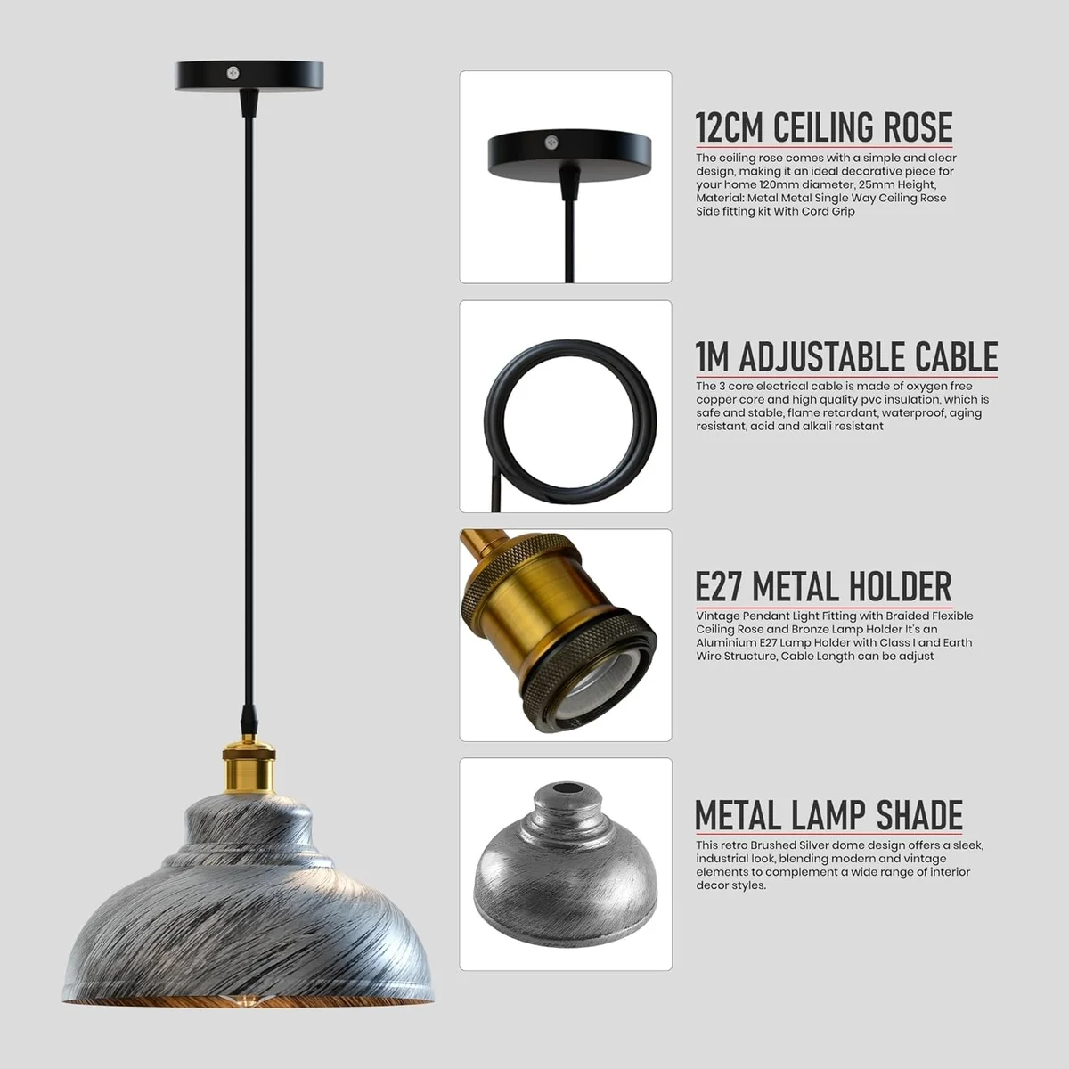 Classic dome-shaped metal pendant light with adjustable cable, ideal for indoor pendant lighting in cozy spaces