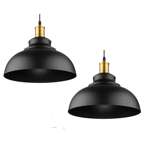 Two curvy metal ceiling lamp shades in industrial style with easy fit design and included reducer plates on white background