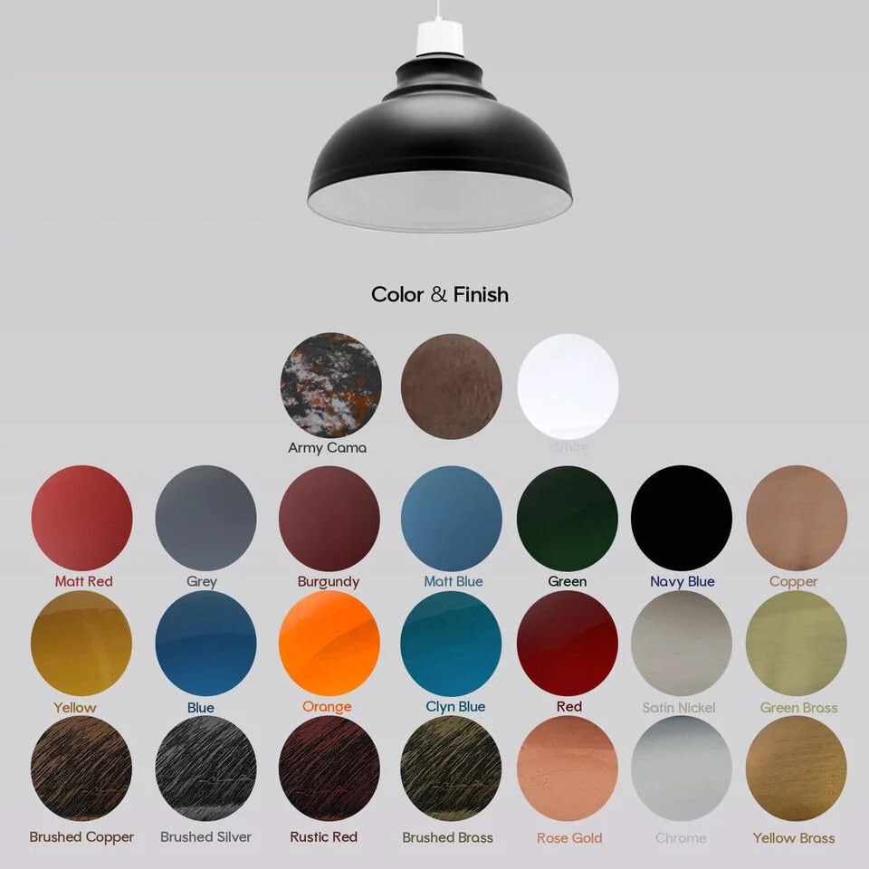 Two metal industrial pendant shades with curvy design and reducer plates for easy fit on bulbs, 29cm diameter each