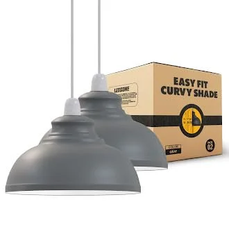 Two metal curvy convertible bulb holder shades with reducer plates for E27 to B22 fitting on a white background