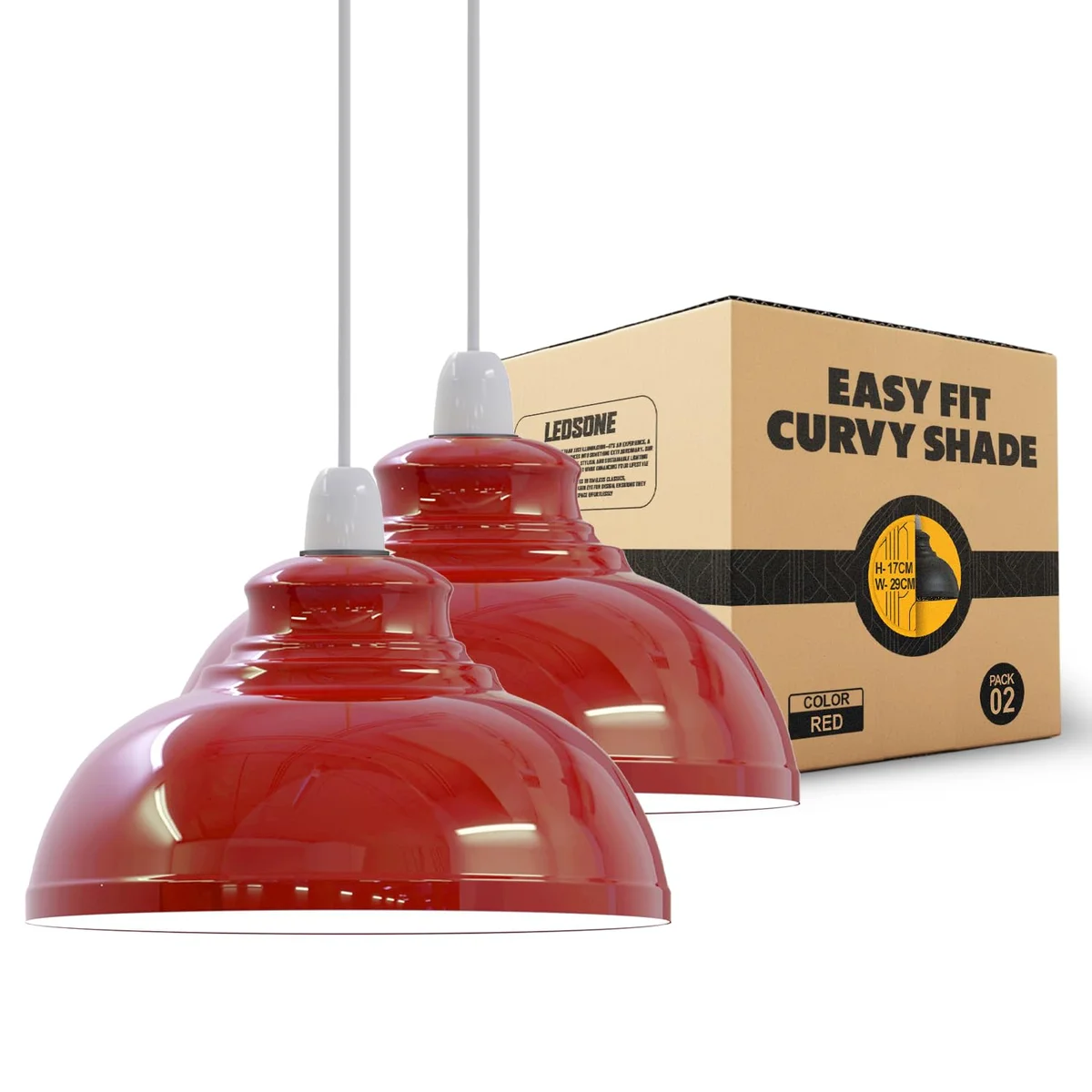 Two curvy metal ceiling lamp shades with reducer plates for easy E27 to B22 bulb fitting on white background