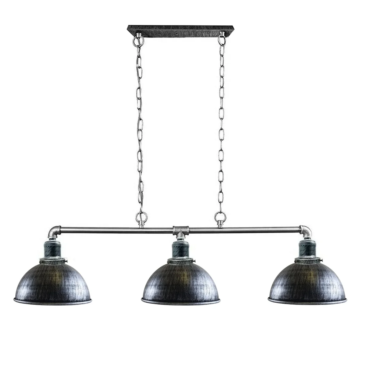 Vintage 3‑way pendant lamp with black metal pipe frame and three cup sconce lamps hanging from ceiling.