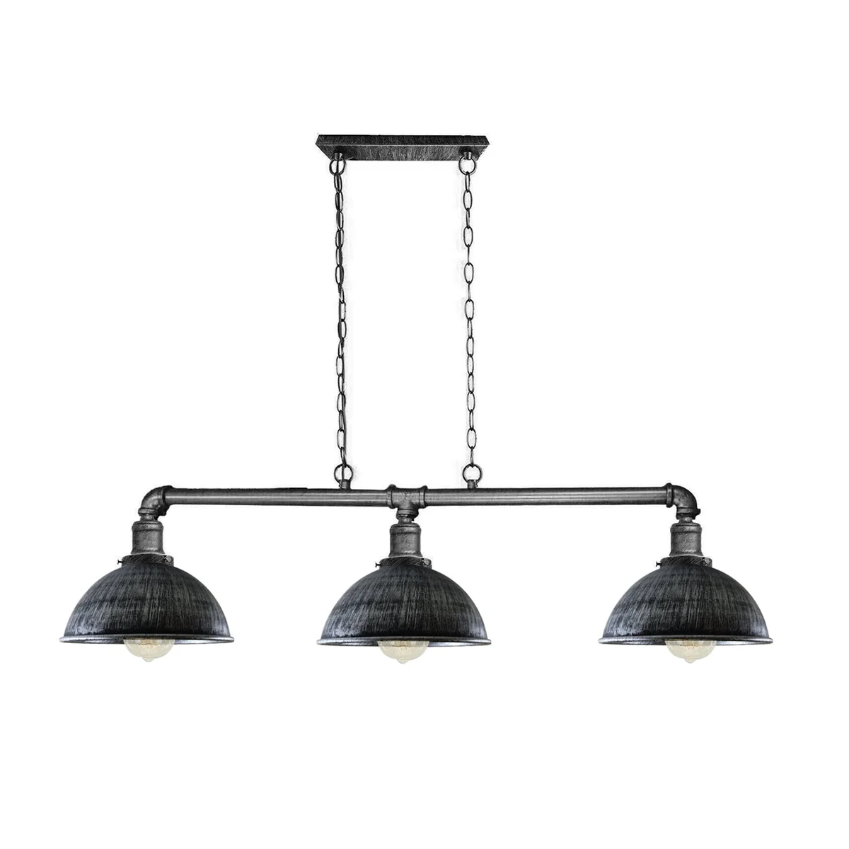 Retro hanging light with black metal pipe frame and 3 cup lamps, suspended over dining table