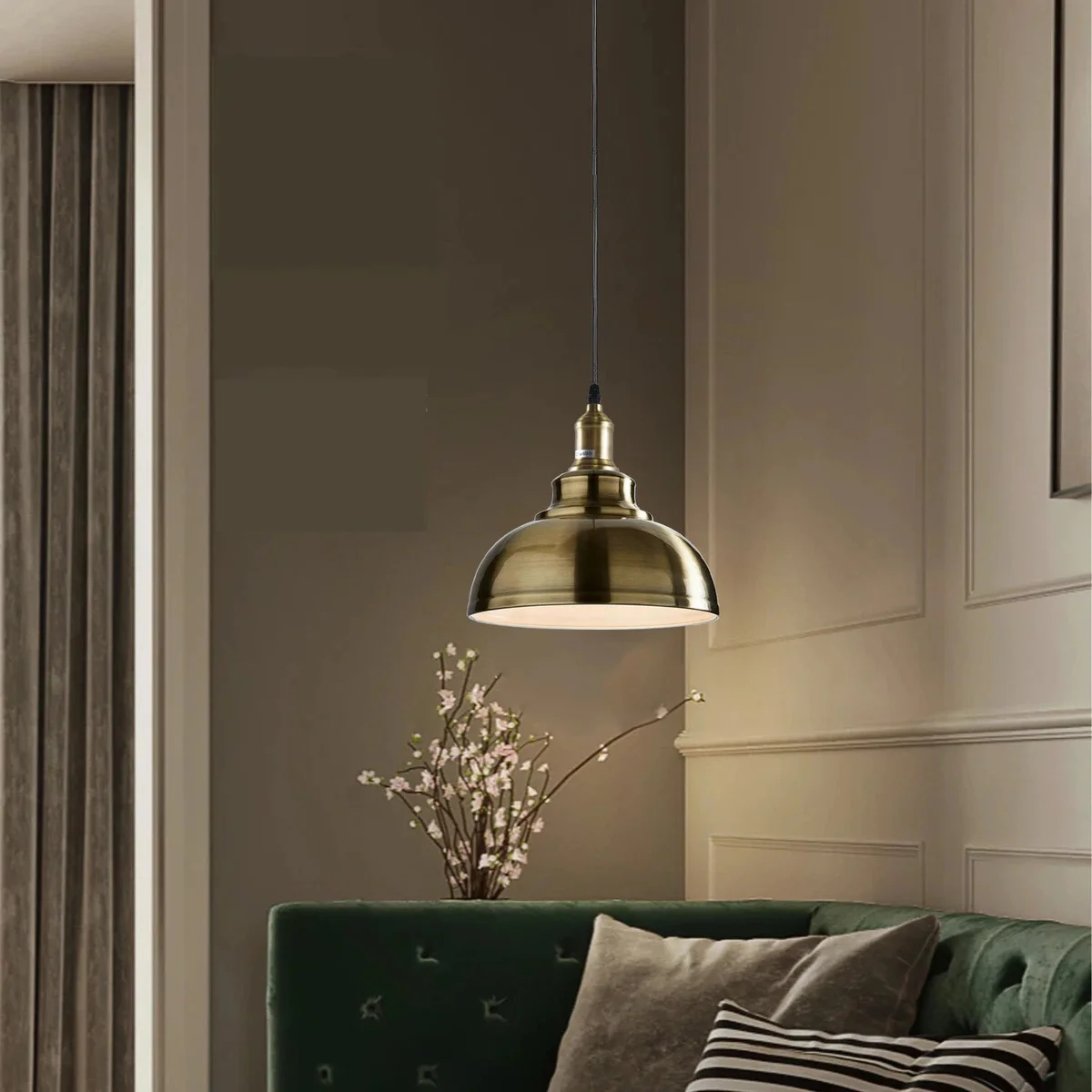Green brass retro industrial pendant light with metal lampshade and 95cm PVC cable hanging from ceiling plate