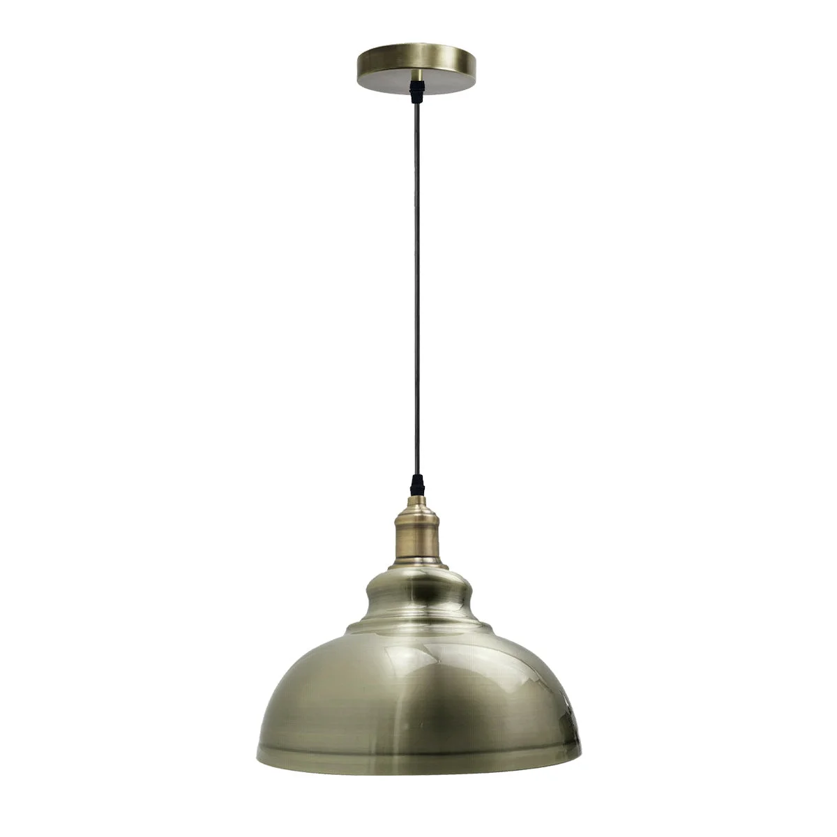 Green brass retro industrial E27 base pendant light with metal lampshade and 95cm PVC cable hanging from ceiling