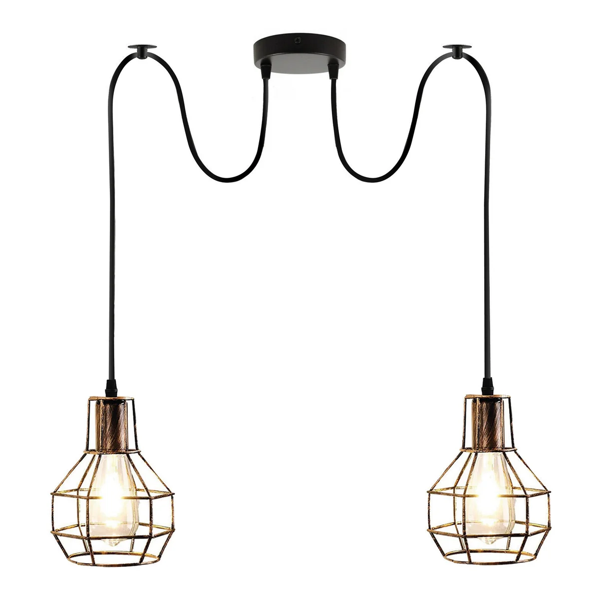Industrial multi-way pendant light with geometric hexagonal cage design and adjustable cables in black finish