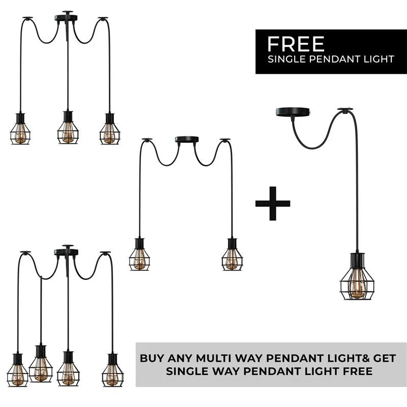 Industrial pendant ceiling light with black geometric hexagonal cage and adjustable multi-way design hanging from ceiling rose