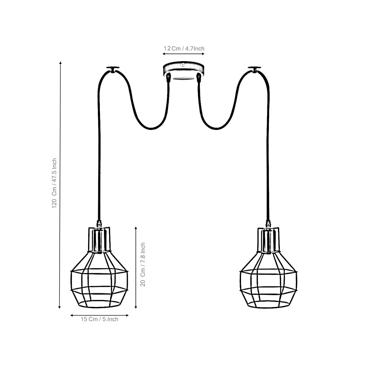 Industrial geometric cage pendant light with three hexagonal wire cages in brushed silver finish hanging from adjustable cables