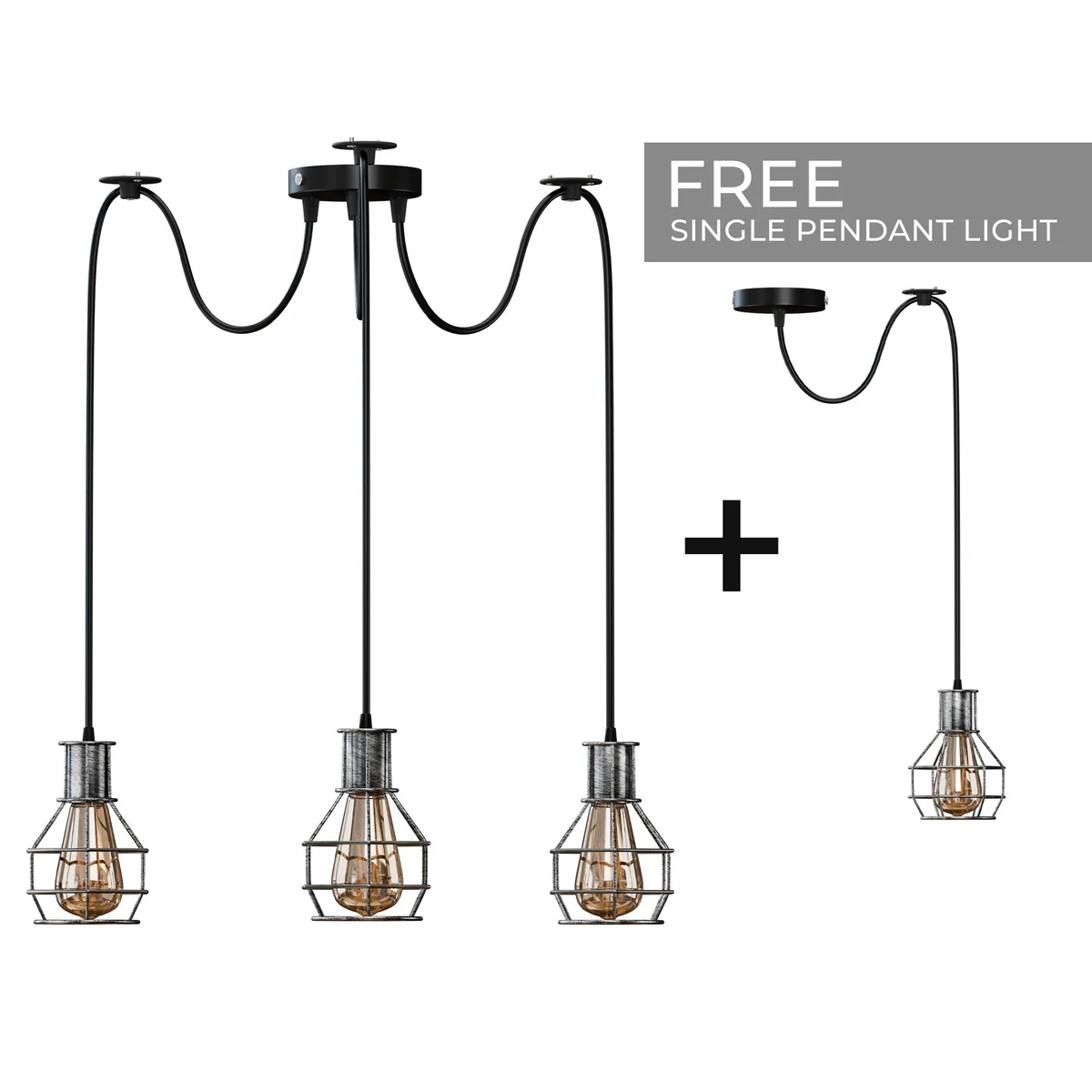 Industrial geometric cage pendant light with adjustable cables in black finish, showing multi-way configuration and ceiling rose