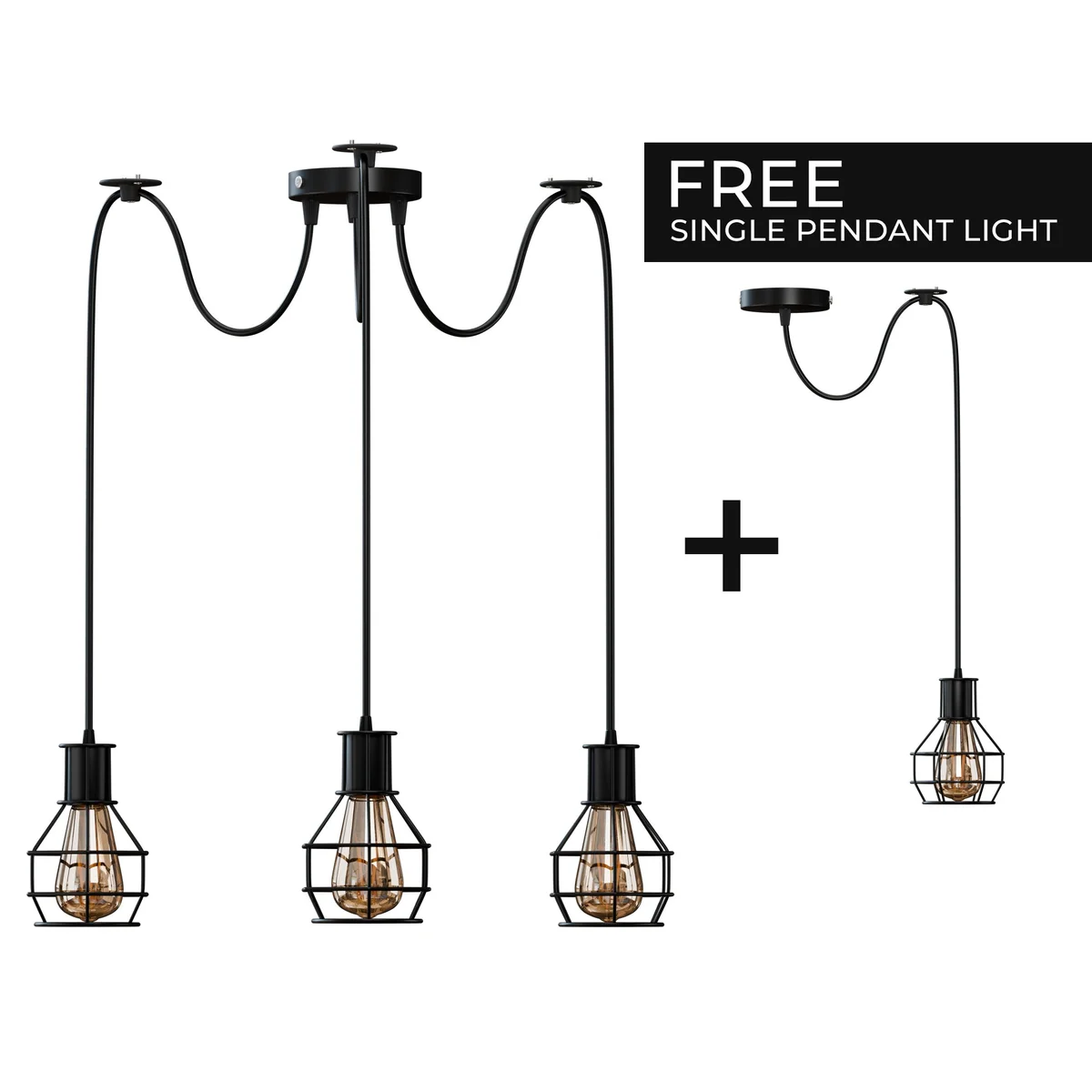 Industrial multi-way pendant light with black hexagonal wire cages and adjustable cables hanging from ceiling rose