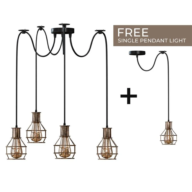 Industrial multi-way pendant light with black hexagonal wire cages and adjustable hanging cables on white background