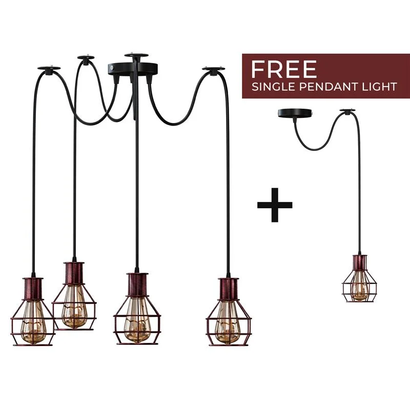 Industrial multi-way pendant light with black hexagonal wire cages and adjustable 2-metre cables hanging from ceiling rose