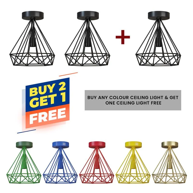 Two vintage style semi flush mount ceiling lights with metal cage lampshades and E27 bulb holders on white background