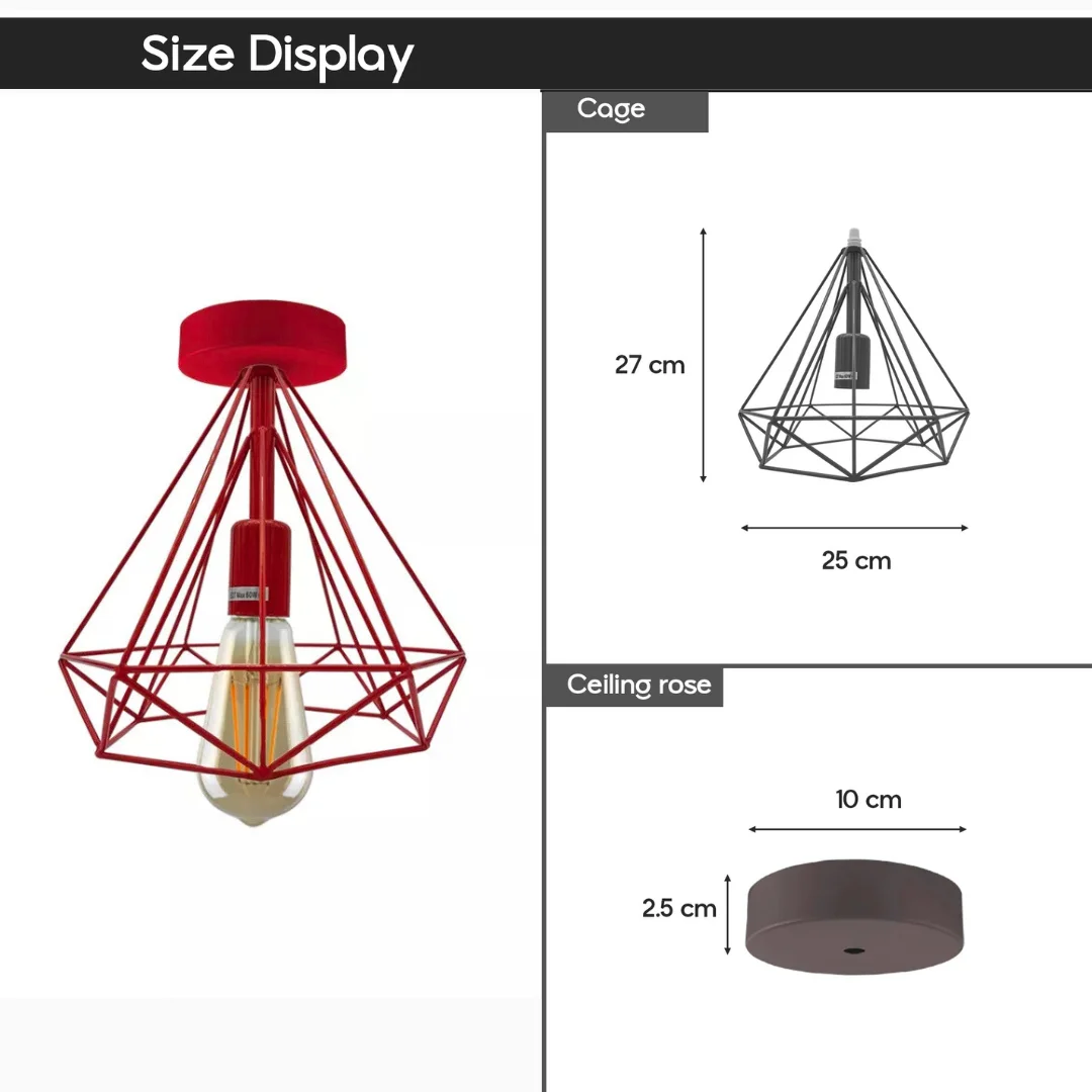 Two vintage ceiling light fixtures with metal cage lampshades and E27 holders, semi flush mount design, black finish