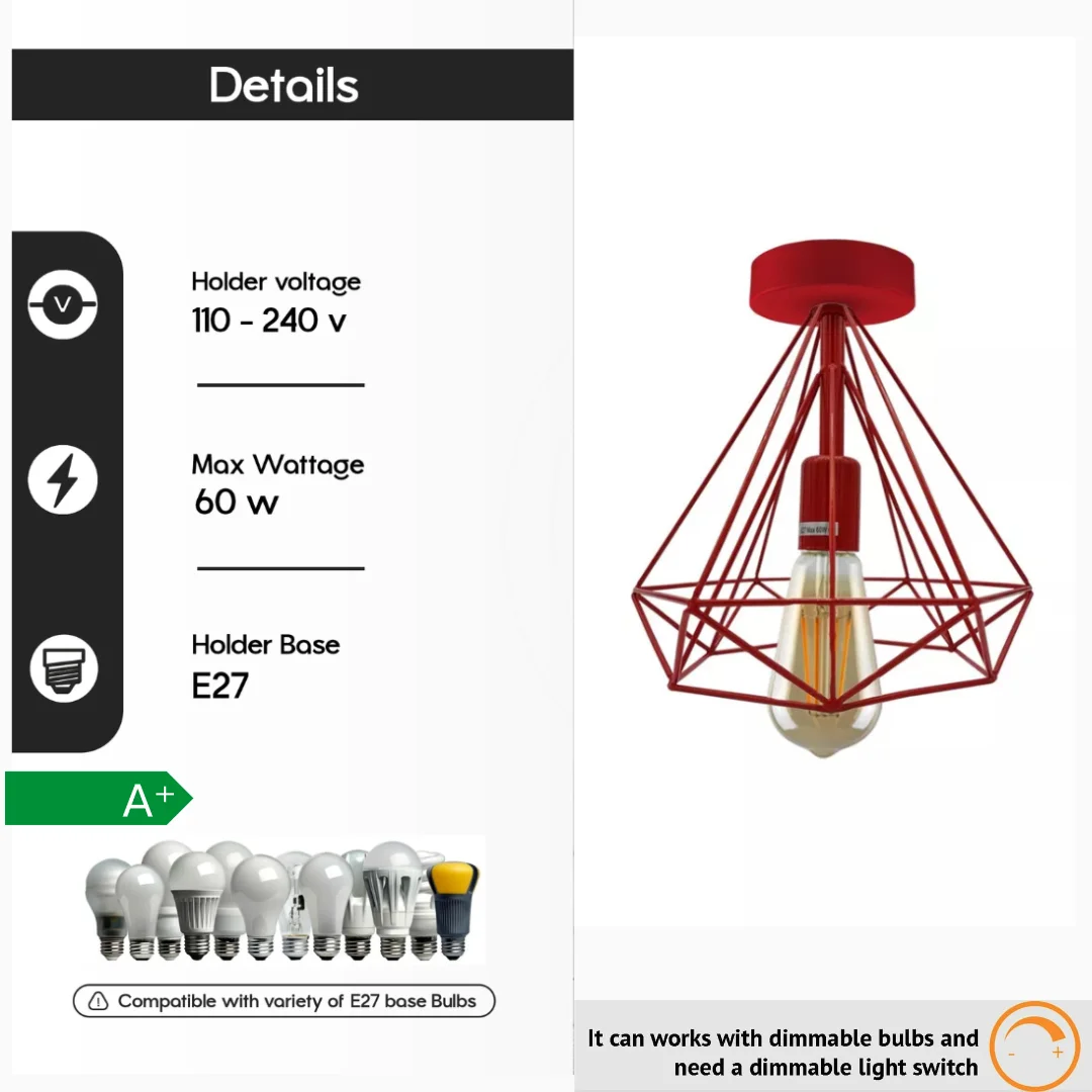 Two vintage style semi flush mount ceiling lights with metal cage lampshade and E27 bulb holder against white background
