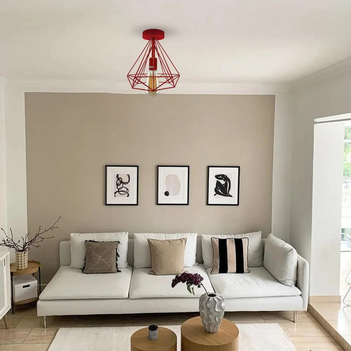 Two vintage metal cage dimmable ceiling lights with E27 holders, semi flush mount style, shown installed indoors