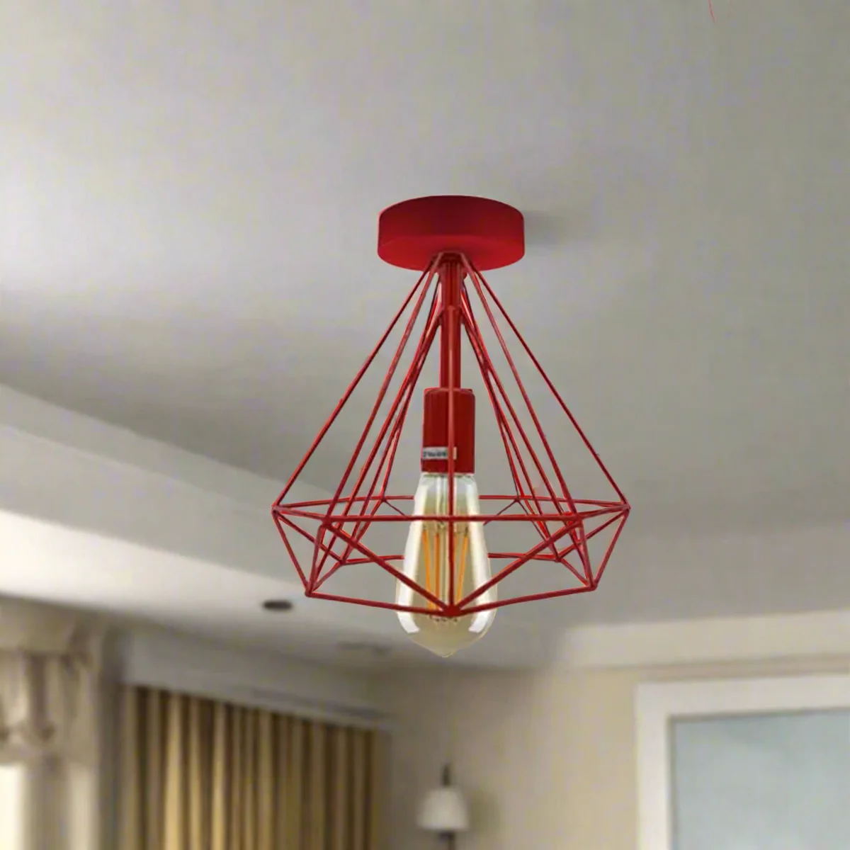 Two vintage metal cage indoor ceiling fixtures with E27 holders, semi flush mount design, suitable for dimmable bulbs