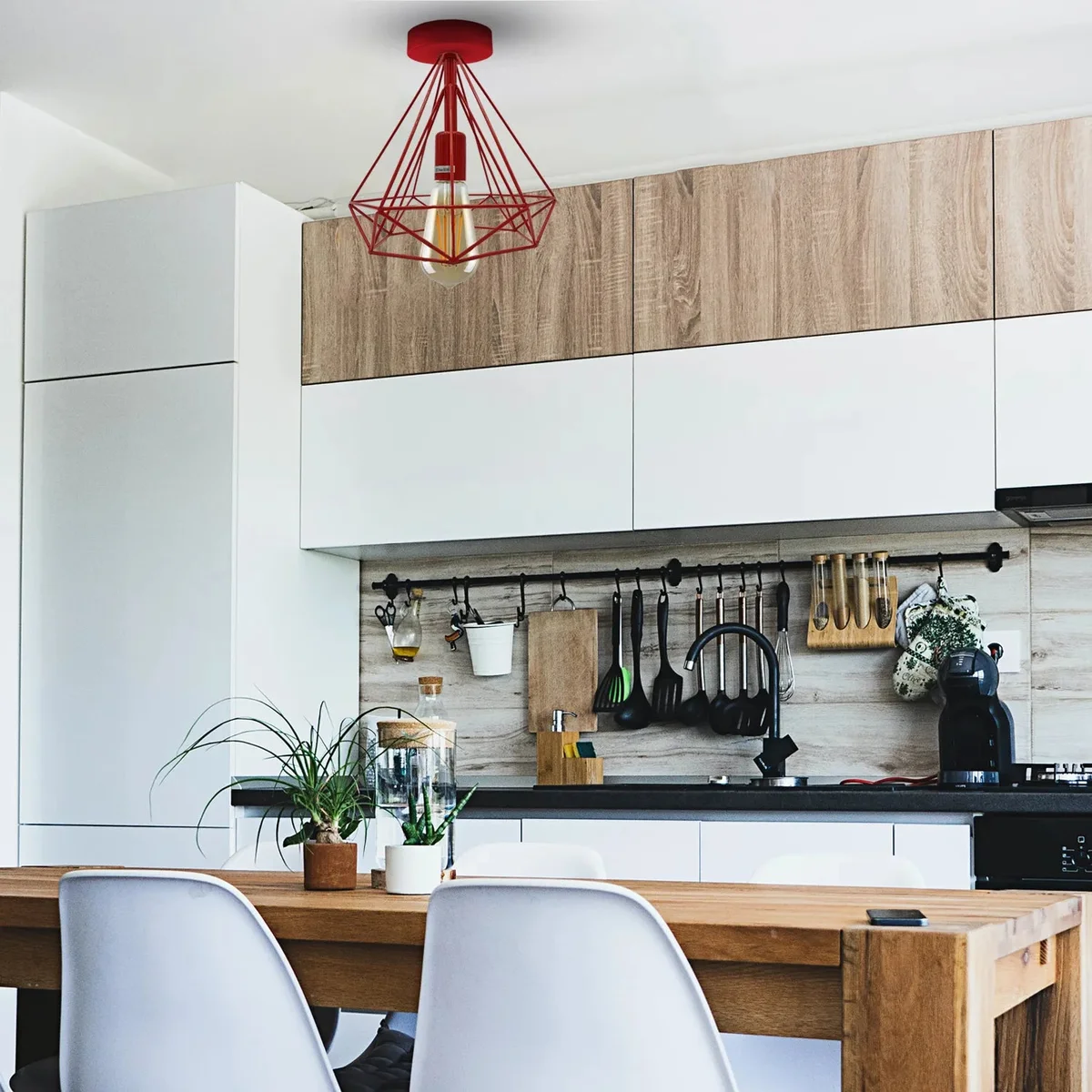 Two vintage style semi flush mount ceiling lights with metal cage lampshades and E27 holders shown installed indoors