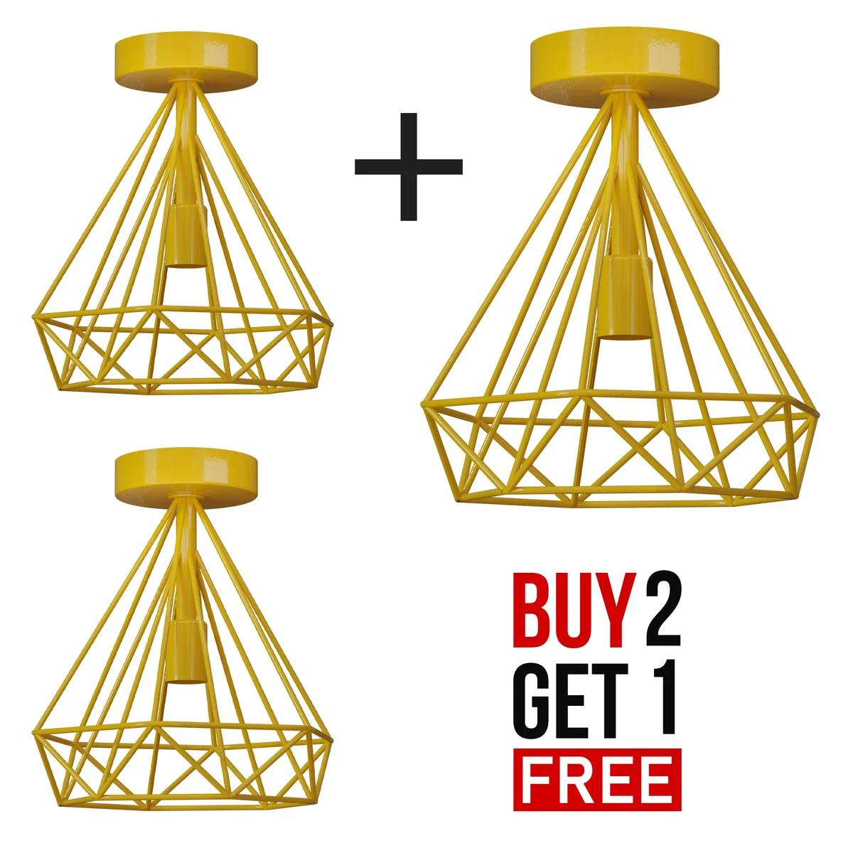 Two vintage style semi flush mount ceiling lights with metal cage lampshades and E27 bulb holders displayed side by side