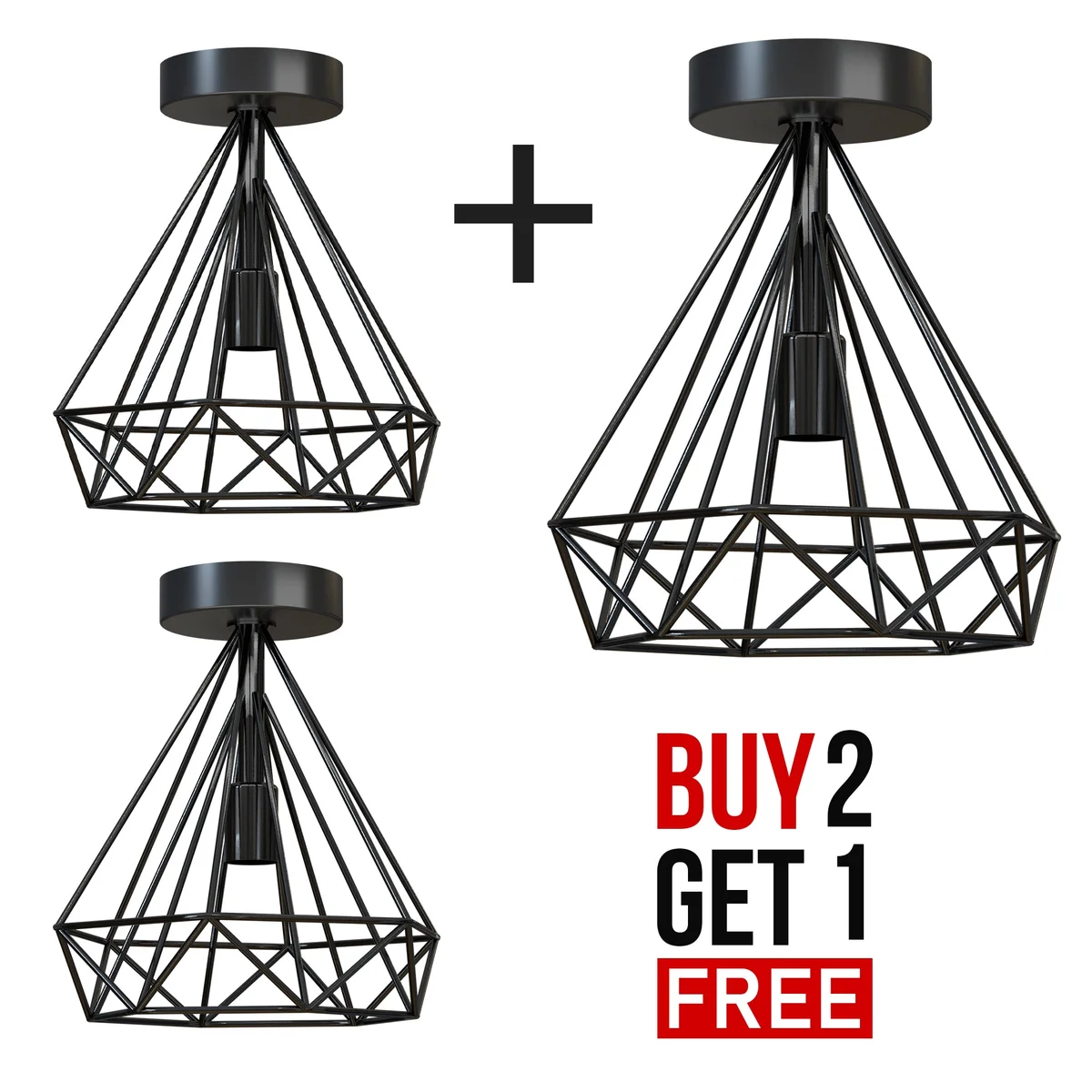 Two vintage style semi flush mount ceiling lights with metal cage lampshades and E27 bulb holders on white background