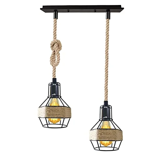 3 lamp ceiling light with black metal bird cage shades wrapped in natural hemp rope, hanging from adjustable cords