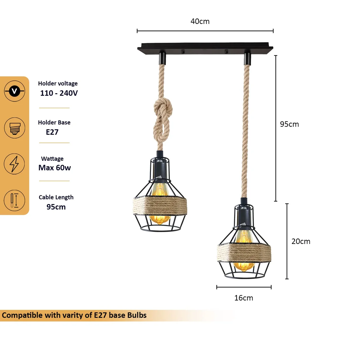 Three-lamp industrial pendant light with black metal bird cage shades wrapped in natural hemp rope hanging from ceiling