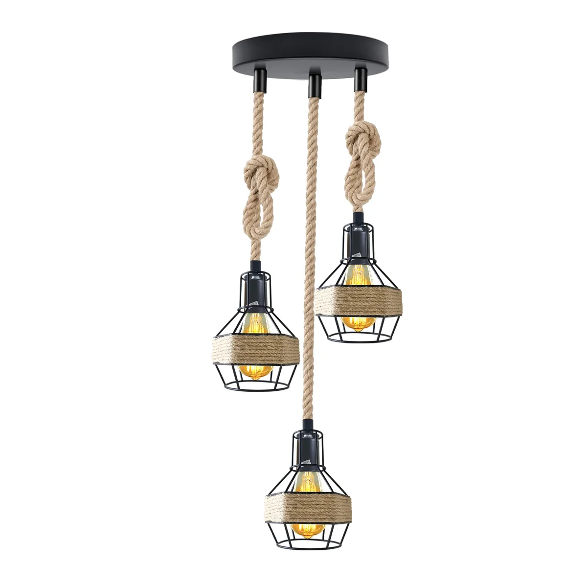 Three black metal bird cage pendant lights wrapped in hemp rope showcasing rustic ceiling lighting design
