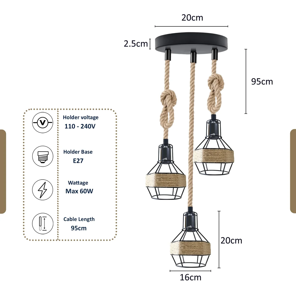 Three-lamp ceiling pendant light with black metal bird cage shades wrapped in hemp rope, featuring E27 bulb pendant design
