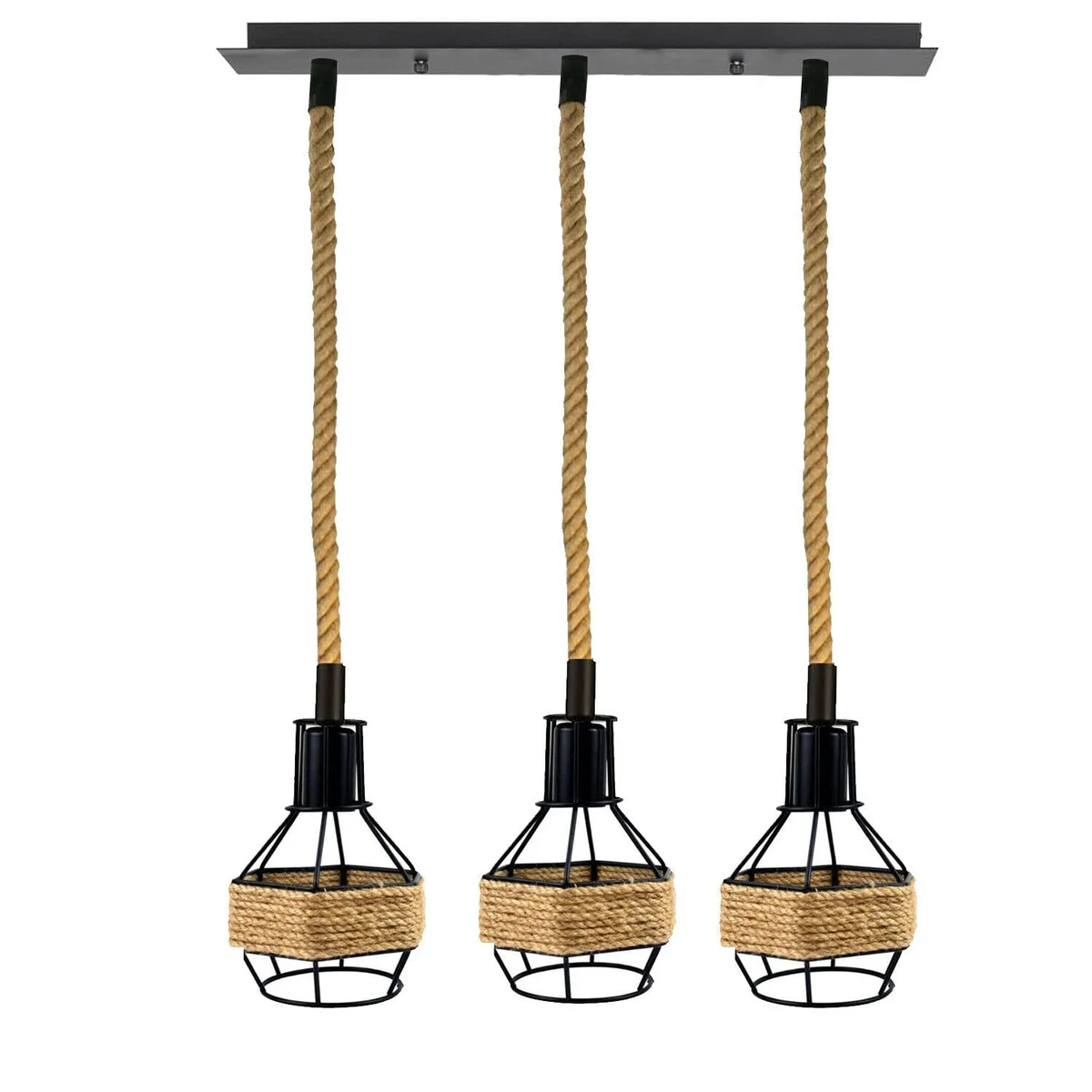 Three-lamp hemp rope pendant light with black metal birdcage shades hanging above a wooden table