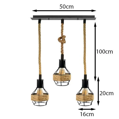 Three-lamp hemp rope pendant light with black metal bird cage shades hanging over a wooden table in a dining room setting
