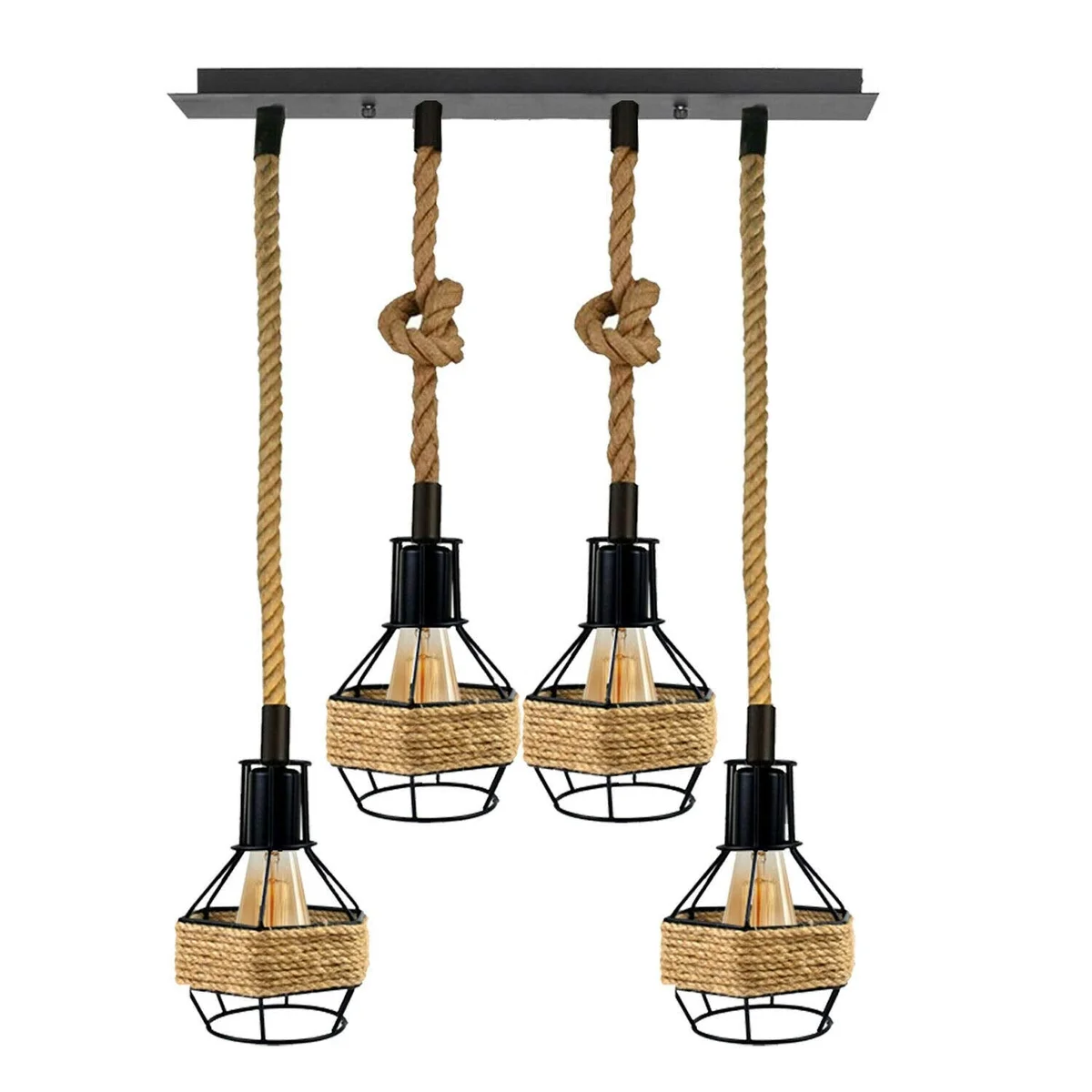 Three black metal bird cage lampshades wrapped in natural hemp rope on adjustable hemp rope pendant light fixture