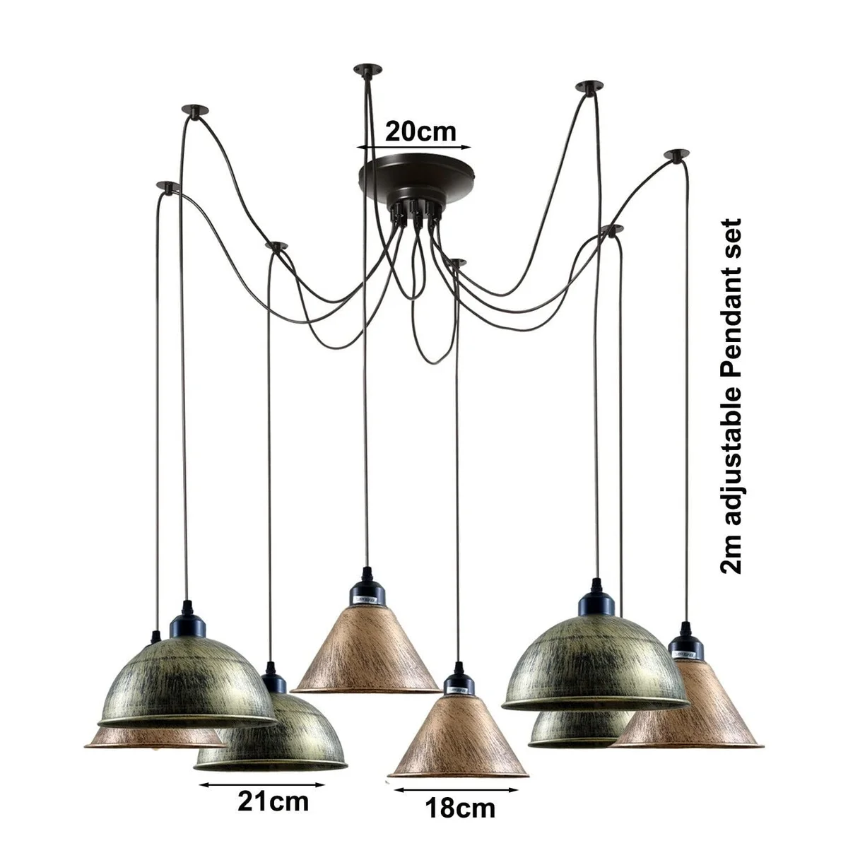 Modern 8-head spider ceiling light with adjustable cables and varied metal wire cage shades in a spider shape design