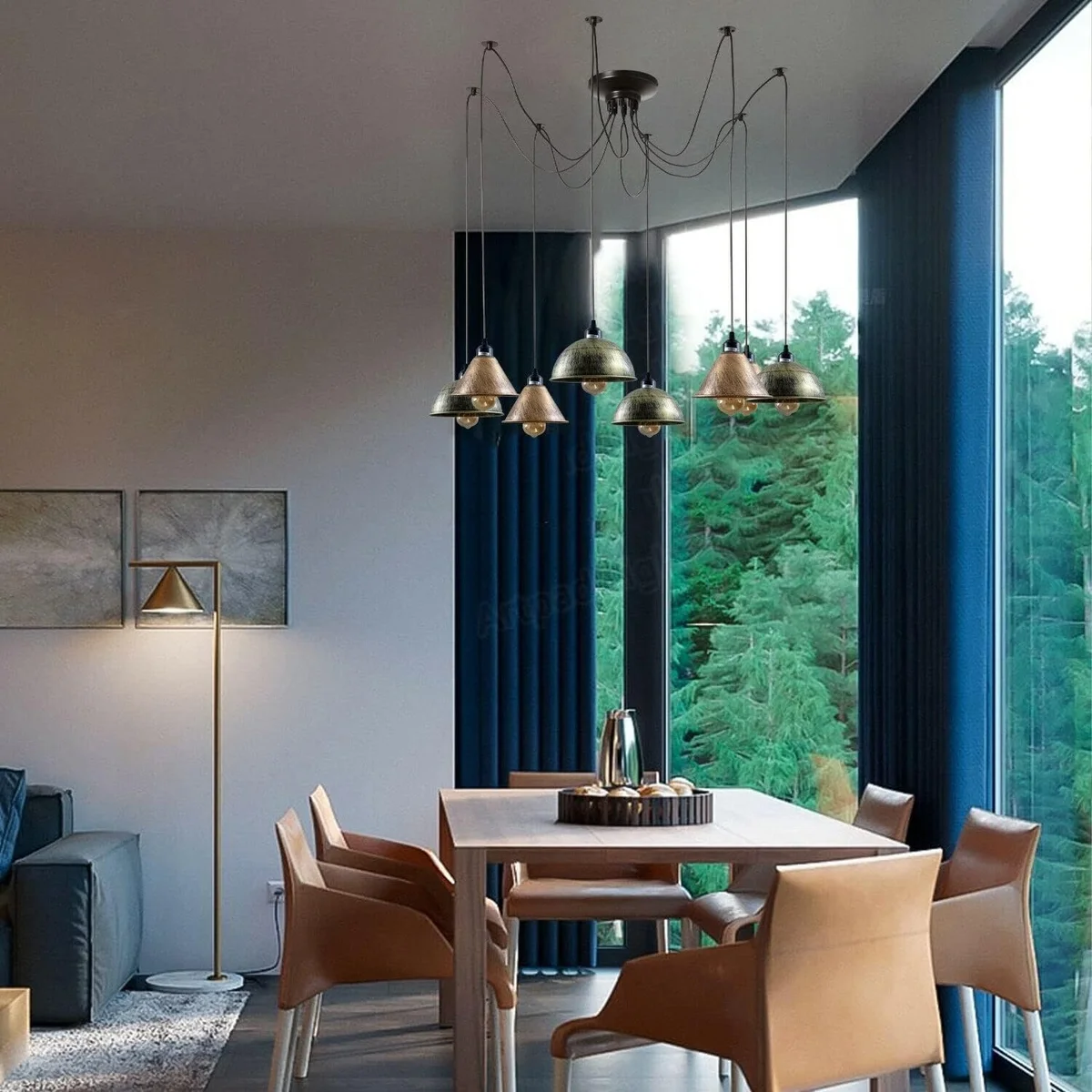 8 head metal ceiling lamp with adjustable cables and varied wire cage shades in a spider design against white background