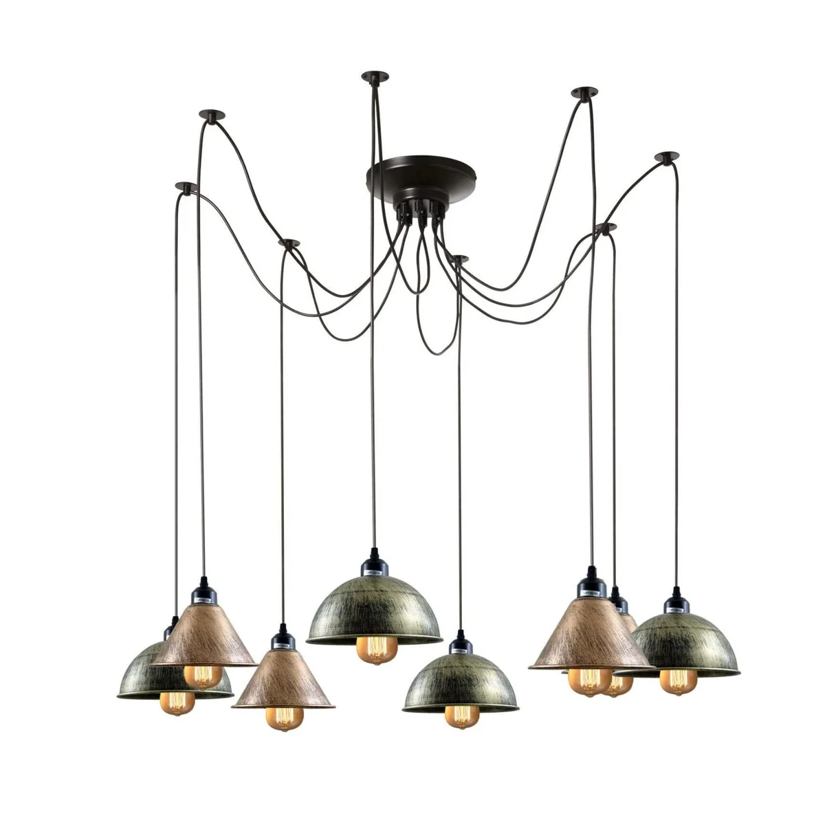 Close-up of 8 head chandelier with different sized shades and adjustable cable light hanging from ceiling rose