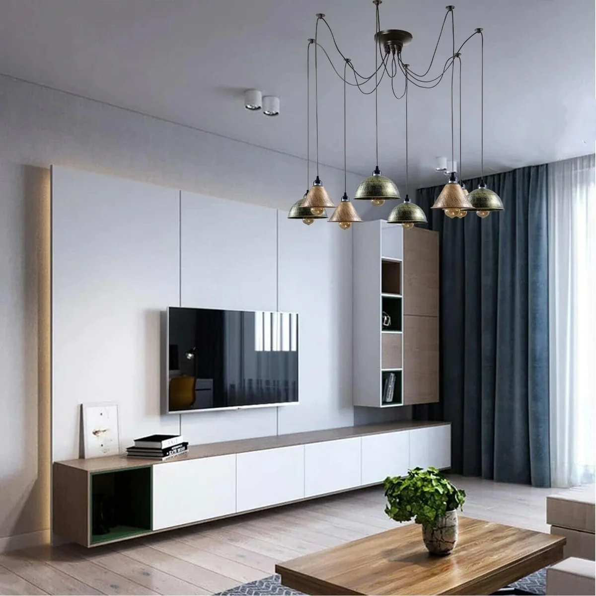 8 head spider chandelier with adjustable cables and metal wire cage shades, suitable for E27 bulb pendant light use